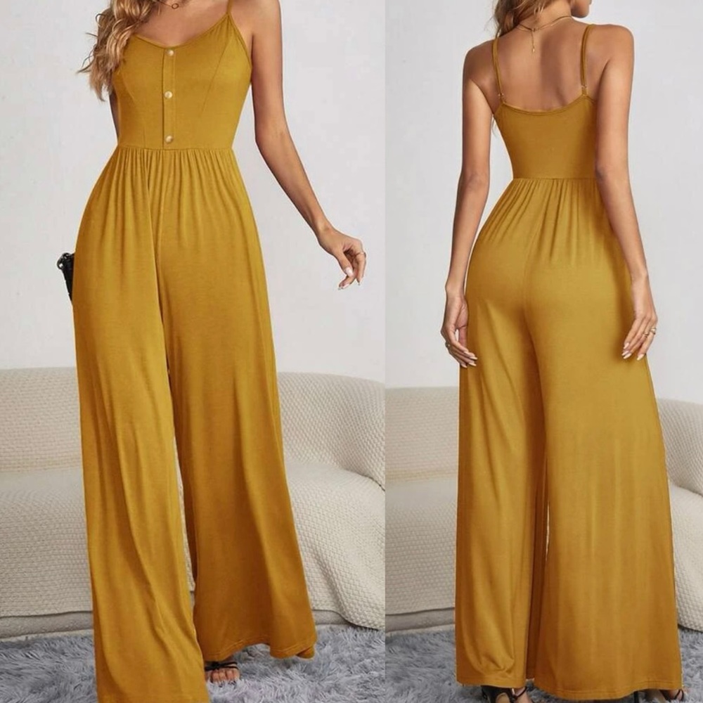 Boho button detail spaghetti straps Wide Leg jumpsuit Yellow Mustard - Picture 2 of 15